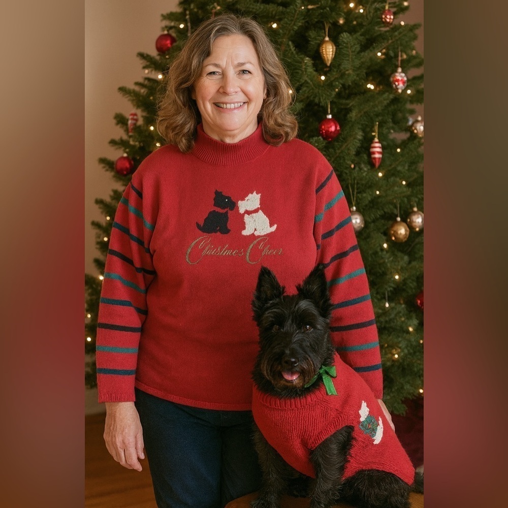 Merry & Bright Christmas sweater Scottie dogs PXL “Christmas Cheer” bell